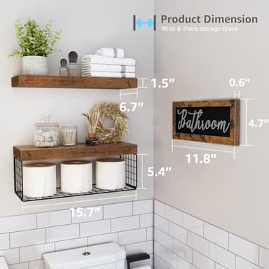 QEEIG Bathroom Shelves Over Toilet - Paper Storage Wall Mounted Farmhouse Decor Decorations Aesthetic Décor Sign Small Floating Shelf 2+1 Set 16 inch, Rustic Brown (020BN) - Image 3