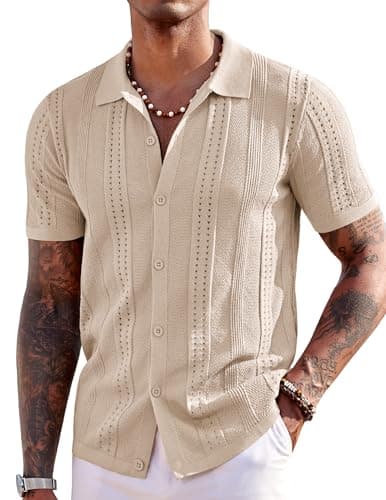 COOFANDY Men's Knit Shirts Short Sleeve Button Up Polo Shirt Fashion Casual Summer Beach Shirts, Apricot, Medium - Image 1
