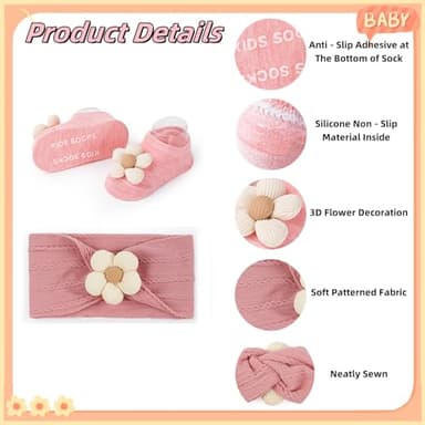 COZYOFFI Baby Flower Headband and Socks: Cute Headband and Socks Sets for Toddler Newborn Infant Girl Pink Khaki Beige - Image 3