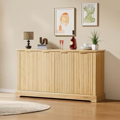 OLILAWN 55" Oak Fluted Sideboard Buffet Cabinet with Storage, Large Buffet Cabinet with 4 Doors, Wood Mid Century Modern Sideboard for Kitchen and Living Room - Image 1