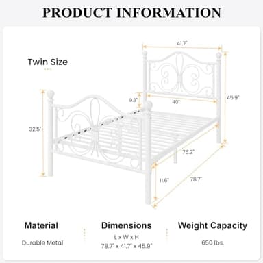 SHA CERLIN Twin Size Bed Frame for Kids,Metal Bed Frame with Butterfly Pattern Design Headboard & Footboard,No Box Spring Needed,Easy Assembly,White - Image 2