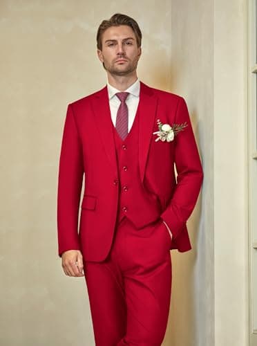 WULFUL Men’s Slim Fit Suit One Button 3-Piece Blazer Dress Business Wedding Party Jacket Vest & Pant Wine Red - Image 3