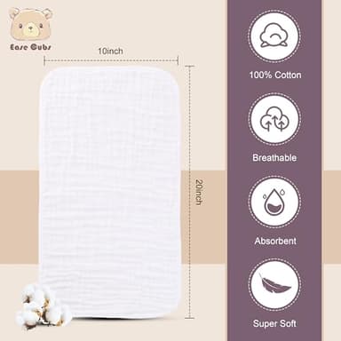 Ease Cubs Muslin Burp Cloths Large 100% Cotton Hand Washcloths for Boys & Girls, Baby Essentials Extra Absorbent and Soft Burping Rags for Newborn Registry (White & Green, 12-Pack, 20" X10") - Image 2