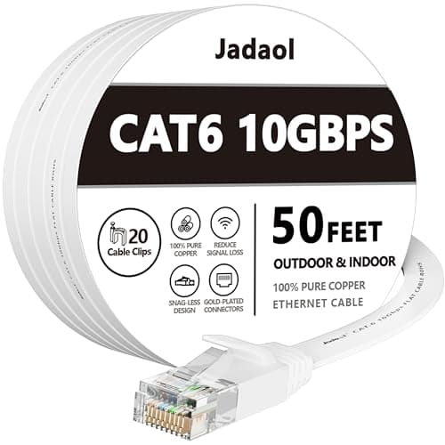 Jadaol Cat 6 Ethernet Cable 50 ft, Outdoor & Indoor 10Gbps Support Cat8 Cat7 Network, Flat RJ45 Internet LAN Computer Patch Cable for Router, Modem, Switch, Gaming Consoles, Streaming Devices, White - Image 1