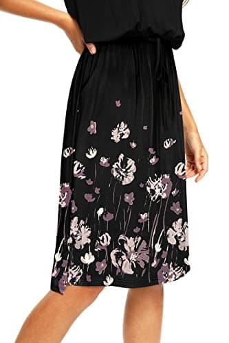 Women Summer Sleeve Pocket Work Casual Midi Knee Dress Floral Black XL - Image 2
