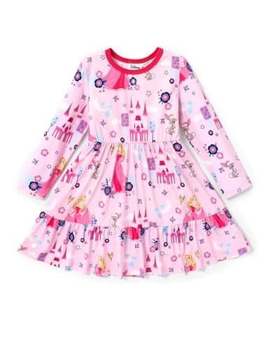 Disney Princess Aurora Dress Toddler Girl Floral Skater Dresses Long-Sleeve Casual A-Line Playwear Kids Winter Fall Clothes School Outfit Pink 2T - Image 1