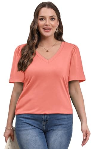 OFEEFAN T Shirts for Women Short Sleeve Pleated Summer Tops Loose Fit V Neck Oversized Tee Shirts Coral 2XL - Image 3