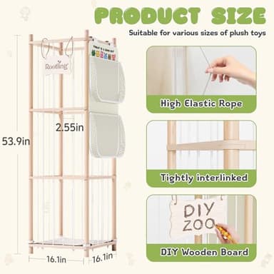 Stuffed Animal Storage & Organizer, 54 inch Tall Wooden Cute Zoo Toy Holder w/Building Block Storage Bag, Premium Wooden Material with Elastic Cord For Toddler Rooms, Playrooms & Bedrooms - Image 2