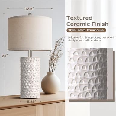 PARTPHONER 23" Modern Ceramic Table Lamp Set of 2, Table Lamps for Living Room, Rustic Farmhouse Bedside Lamps Nightstand lamp for Bedroom, White Desk Lamp for End Table Home Decor Beige - Image 3