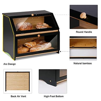 HOMEKOKO Double Layer Large Bread Box for Kitchen Counter, Wooden Large Capacity Bread Storage Bin (Black) - Image 4
