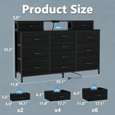 Furnulem 55" W Dresser for Bedroom with LED Lights and Power Outlets,Black Large 12 Storage Drawers Long Fabric Chests Dressers with 2 Shelves for Closet,Living Room,Entryway,Wooden Top,Metal Frame - Image 3