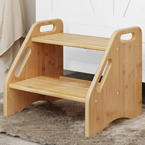 AMBIRD Wooden Step Stool, Two Step Stools Toddler 300 lbs Capacity with Safety Non-Slip Pads and Handles, Bamboo Step Stool for Bathroom, Kitchen Dual Height Step Stools for Kids (Natural) - Image 1