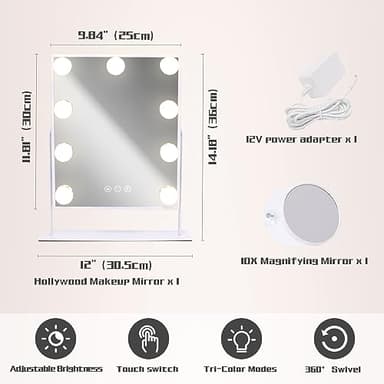 COOLJEEN Vanity Mirror with Lights, 9 Led Bulbs Lighted Makeup Mirror with Detachable 10X Magnification Mirror, Hollywood Mirror 3 Color Lights Tabletop Makeup Mirror, 360°Rotation - Image 2