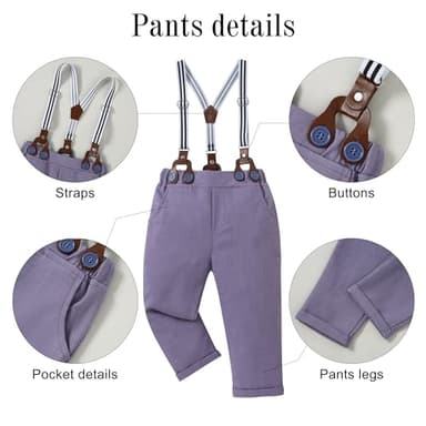 YALLET Toddler Baby Boy Clothes Suit Gentleman Wedding Outfits, Formal Dress Shirt+Bowtie+Vest+Boutonniere+Suspender Pants(V Light Purple, 18-24 Months) - Image 5