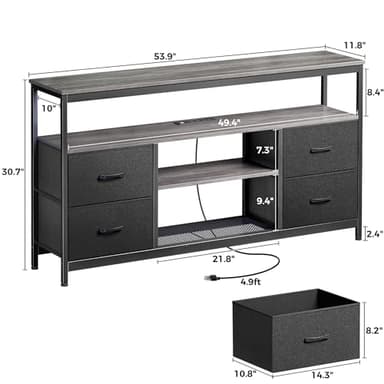 Huuger TV Stand Dresser with Power Outlets and LED Lights, 4 Drawers Entertainment Center with Shelves, 54in Media Console for 55 60 Inch TV, Dresser with PU Finish, Grey and Black - Image 7