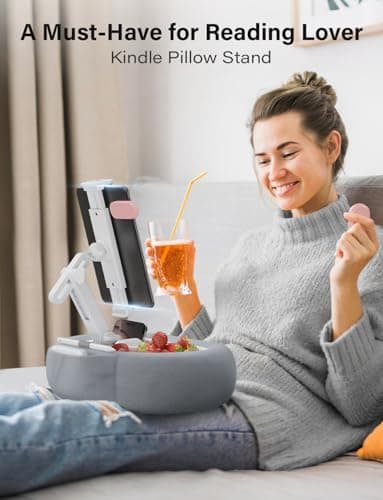 TAZENI Tablet Kindle Pillow Stand Holder with 2 Trays Fit 4''-13'' Phone/Tablet/Kindle iPad Holder Stand for Bed with Soft Plus Fabric Reading Accessories Gift for Reading, Gray - Image 2