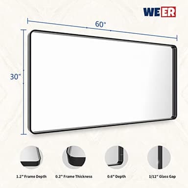 WEER Black Bathroom Mirror for Wall 60X30 Inch, Rectangular Black Metal Framed Vanity Mirror, Farmhouse Matte Black Mirror with Tempered Glass, Rounded Corner, Anti-Rust (Horizontal/Vertical) - Image 6