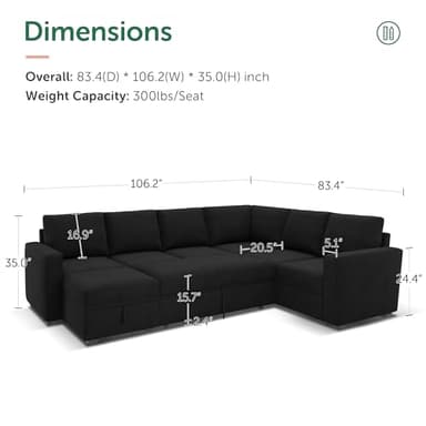 HONBAY Sectional Sleeper Couch with Pull Out Bed, U Shaped Sectional Sofa with Storage, Modular Velvet Sectional Couches for Living Room, Black - Image 2