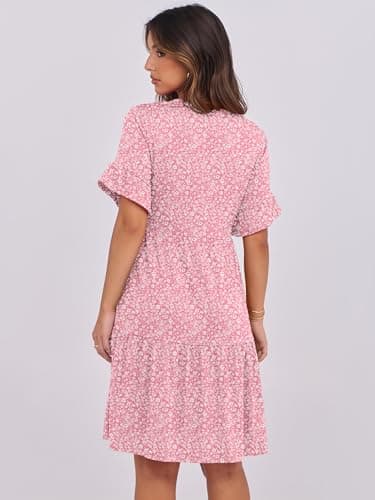 ANRABESS Womens Summer 2025 Trendy Ruffle Short Sleeve V Neck A Line Tiered Flowy Loose Casual Mini Beach Dress with Pockets Pink Floral XX-Large - Image 4