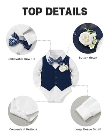 Coco&RARA Baby Boy Clothes Suits Infant Tuxedo Gentleman Outfits, Formal Dress Shirt+Vest+Corsage+tie+Pants Baby Suit Sets(Navy Blue, 12-18M) - Image 4