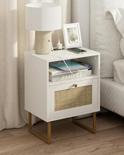 Masupu Rattan Nightstand with Charging Station,Modern Boho Farmhouse Wood Bedside Table with Storage Drawer and Open Shelf,Small Gold Frame Side End Table for Bedroom,Living Room,Office White - Image 1