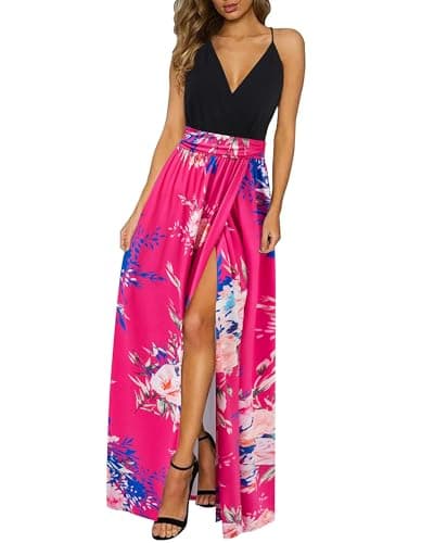 Newshows Womens' Summer 2025 Boho Hawaiian Party Sleeveless Floral Casuales Split Vacation Outfits Long Flowy Maxi Flowy Dress Trendy(Black Floral Rose, L) - Image 1