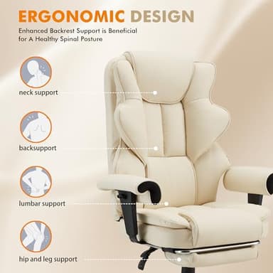 HOMREST 6-Point Massage Executive Chair,Heat Office Chair,Ergonomic Home Office Desk Chairs with Retractable Footrest and Reclining Function,Leather Computer Chair with Adjustable Armrest(Off White) - Image 4