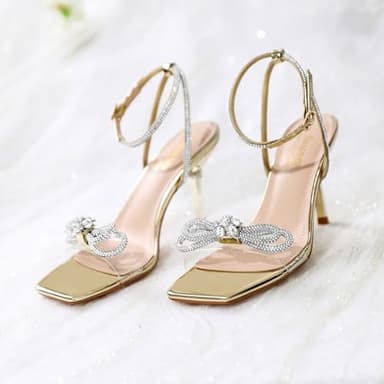 Susanny Gold Heels for Women Rhinestone Wedding Strappy Sandals Sparkly Clear Bow Kitten Heels Sexy Ankle Strap Bridal Party Dress Shoes 8 - Image 8