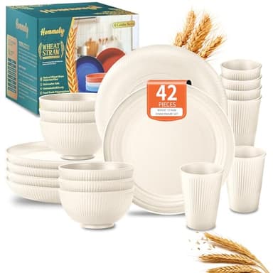 Wheat Straw Dinnerware Sets,42-Piece Beige Plates and Bowls Sets for 6-Unbreakable,Reusable Plastic Dish Set-Dinner Plate/Cereal Bowl/Cup/Utensils-Microwavable Dishwasher Safe 42P-Beige - Image 1