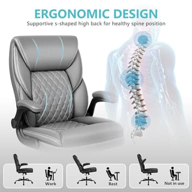 BestEra Office Chair, Executive Leather Chair Home Office Desk Chairs, Ergonomic Computer Desk Chair with Adjustable Flip-Up Arms, Lumber Support Swivel Task Chair with Rocking Function (Gray) - Image 4