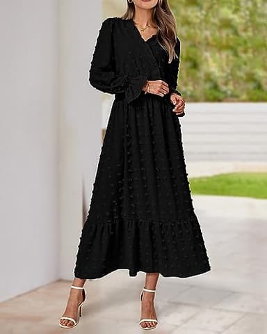 BTFBM Women Fall Maxi Dresses 2025 Long Sleeve V Neck Swiss Dots High Waisted A-Line Ruffle Boho Long Dress Vacation(Black,Medium) - Image 4