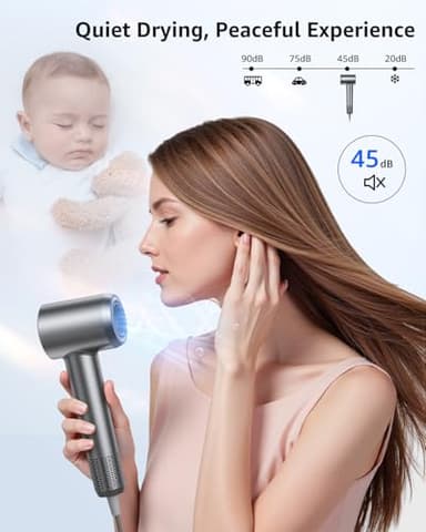 Hair Dryer, 160000 RPM High-Speed Ionic Blow Dryer Portable Professional Lightweight Hair Dryers with 200 Million Negative Ions, Fast-Drying, Quiet Hair Dryer with Nozzle for Home, Salon, Travel - Image 6