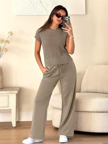 ANRABESS Women Two Piece Outfits Crochet Sheer Knit Sweater Top Wide Leg Pants Lounge Matching Sets Sweatsuit Travel Clothes Light Brown Large - Image 4
