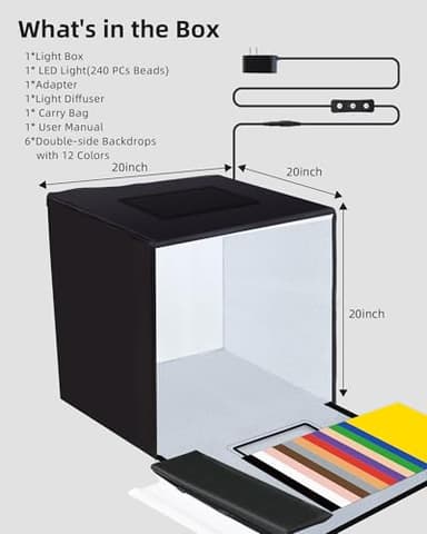 Glendan Light Box Photography: 20x20 inch Photo Studio Light Box with 240 LED Dimmable LED Lights - Folding Photo Box with 12 Color Backdrops for Jewelry Food Electronics Product Photography - Image 6