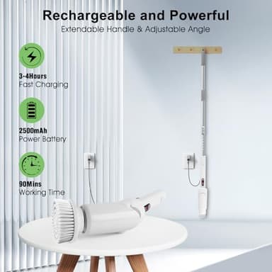 GUPAY Electric Spin Scrubber, Cordless Cleaning Brush with 9 Replaceable Brush Heads, Power 2 Speeds LCD Display, Angle Adjustable, Shower Scrubber with Long Handle for Bathroom Floor Tile Kitchen - Image 5
