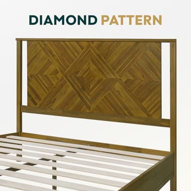 Bme Ethan Queen Bed Frame with Diamond Headboard, Mid-Century Modern, Solid Acacia Wood, No Box Spring Needed, Fits All Mattresses, Rustic Brown - Image 5