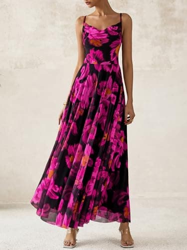 BTFBM Women Summer Floral Maxi Dresses Elegant Spaghetti Strap Dress Printed Party Dress Beach Long Dresses(Floral Black Rose Red,X-Large) - Image 4