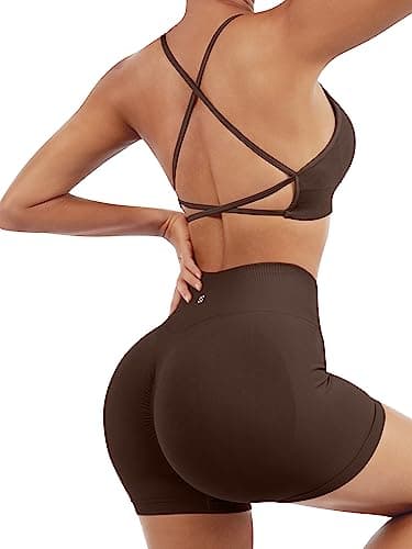 SUUKSESS Women Seamless 2 piece Workout Sets Strappy Padded Sports Bra Booty High Waisted Shorts Outfits (Deep Brown,M) - Image 3