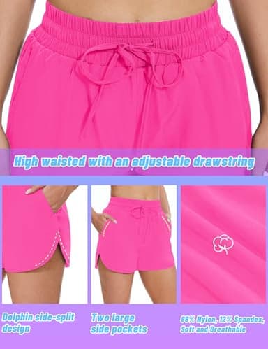 DDOBB High Waisted Running Shorts for Women with Pockets, 2.5" Black Athletic Workout Gym Yoga Spandex Dolphin Elastic Shorts Neon Pink Small - Image 4