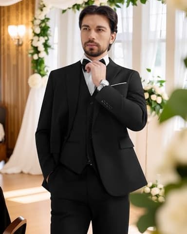 MAGE MALE Men's 3 Pieces Suit Elegant Solid One Button Slim Fit Single Breasted Party Blazer Vest Pants Set Black - Image 3