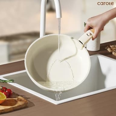 CAROTE 25pcs Pots and Pans Set Non Stick, Cookware Sets, Kitchen Set, Oven/Dishwasher/Fridge Safe, Space Saving Pots Set, Nonstick Set with Versatile Detachable Handle with Knife Set, Cream - Image 5