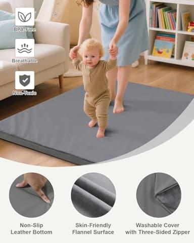 Baby Play Mat for Floor,1.3"Thick Padded Foam 50x50 playpen mat,Soft Velvet&Non-Slip Leather,Removable&Washable Cover,Nursery Rug for Baby Crawling,Toddlers,Infants,kids,Yoga,Tatami,Grey - Image 2