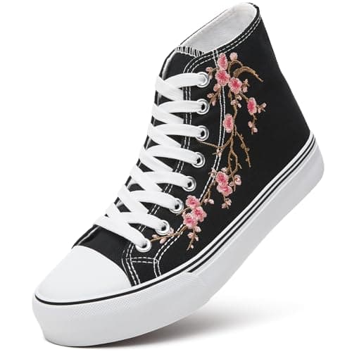 ZGR Womens High Top Canvas Sneakers,Black White Embroidery Canvas Shoes for Women,Fashion Casual Tennis Walking Shoes(Black&Red Embroidery.US7) - Image 1