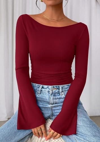 PRETTYGARDEN Women's Long Sleeve Shirts 2025 Fall Crop Going Out Tops Casual Boat Neck Bell Sleeve Ribbed Ruched Y2K Clothes (Burgundy,Large) - Image 5