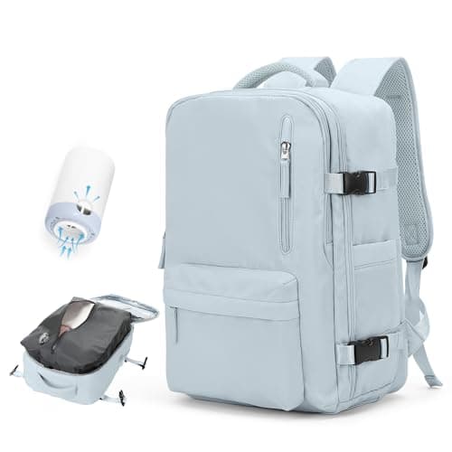 Vacuum Travel Backpack with Pump for Women, Personal Item Carry on Backpacks Flight Approved 18x14x8 inches for Men,Laptop Waterproof Work Compression bags Casual Daypack,Blue - Image 1