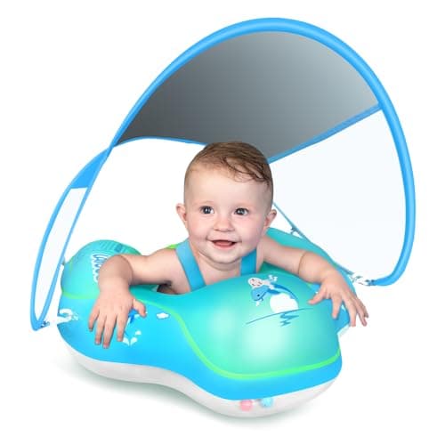 LAYCOL Baby Swimming Float Inflatable Baby Pool Float Ring with Sun Protection Canopy,add Tail no flip Over for Age of 3-36 Months (Blue, L) - Image 1