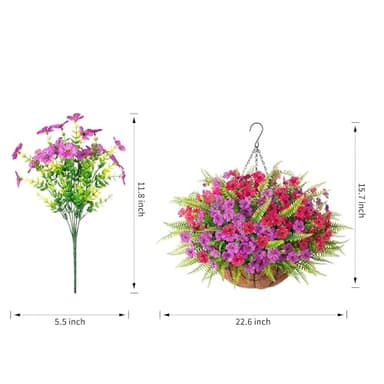 Artificial Fake Hanging Flowers Plants Basket for Outdoor Outside, 14 BundlesFaux Silk Colorful Daisy Fern in Planter UV Resistant Look Real for Porch Patio Garden Yard Home Decoration - Image 3