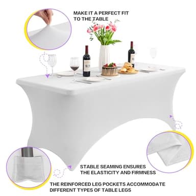 Heochy 2 Pack 6FT Table Cloth for Rectangle Tables - White Tablecloth Rectangular Fitted Stretch Spandex Table Covers 6 ft for Birthday, Cocktail, Wedding, Banquet Spring Outdoor Party - Image 3