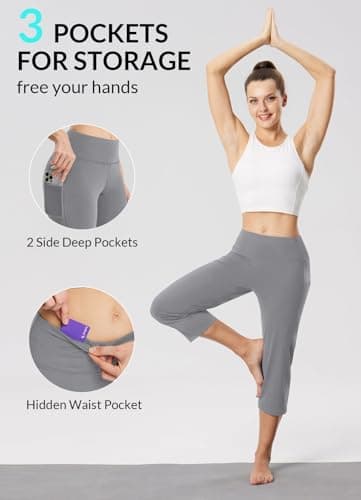 baleaf Womens Yoga Capri Pants High Waist Capri Leggings with Pockets Wide Leg Crop Exercise Workout Summer Pants Dark Grey L - Image 4