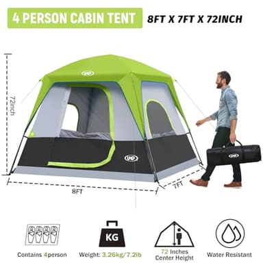 UNP 4-Person Tent, Portable Cabin Tent, Camping Tent 4-Person Easy Set Up, Waterproof with Top Rainfly for Outdoor Camping/Hiking (Fluorescent Green) - Image 2
